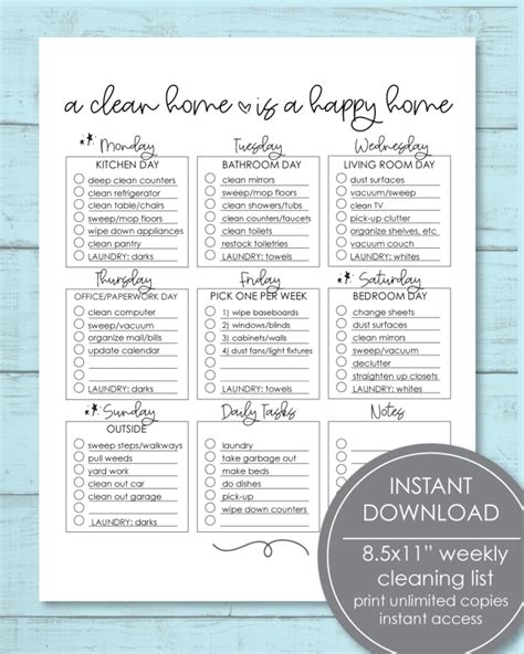 Printable Weekly Cleaning Checklist Pdf 8 5x11 Print It