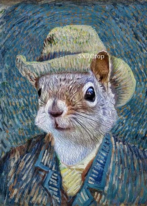 funny animal art squirrel print vincent van gogh selfie etsy