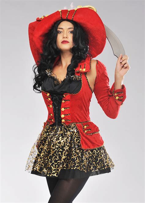 Womens Captain Hook Style Glitzy Red Pirate Costume