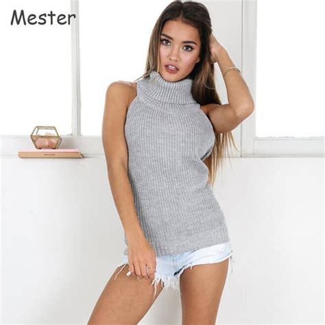 women sleeveless turtleneck sweater european sexy off shoulder backless