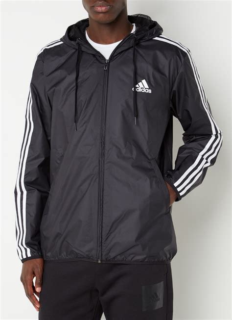 adidas  stripes windjack met capuchon en steekzakken zwart de bijenkorf