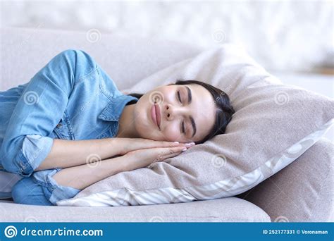 Close Up Photo Portrait Of Young Beautiful Woman Sleeping On Sofa