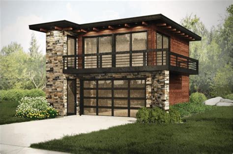 computer rendering   modern house  stone  wood accents   front