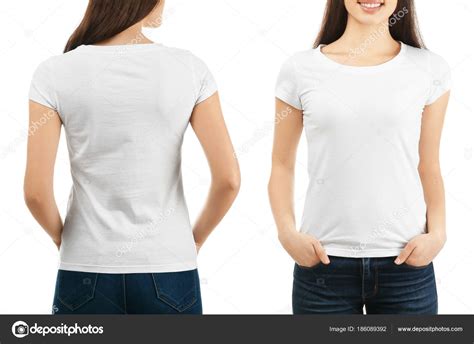 front   views  young woman  stylish  shirt  white background mockup  design