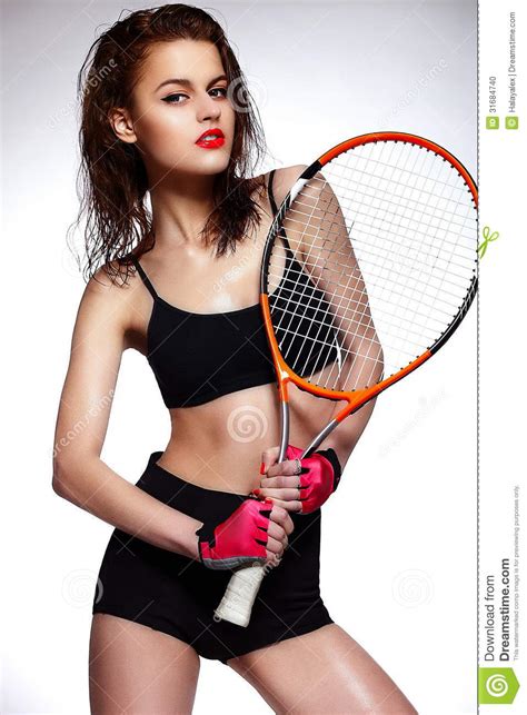 Professional Tennis Player Woman Model With Bright Stock