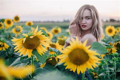 Young Slender Girl Topless Poses At Sunset In A Field Of Sunflowers