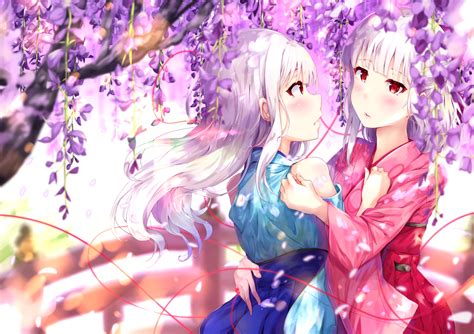 2girls Flowers Hug Japanese Clothes Kimono Long Hair Mizuki Kakeru