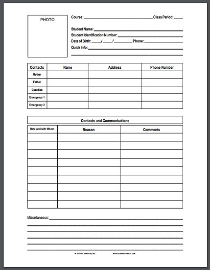 printable student information form  teachers student handouts