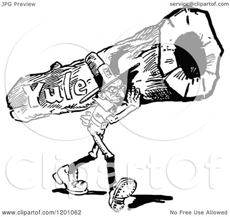 clipart of a vintage black and white man carrying a yule log royalty free vector illustration
