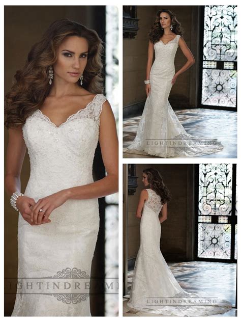 sleeveless fit and flare v neck wedding dresses with illusion lace back