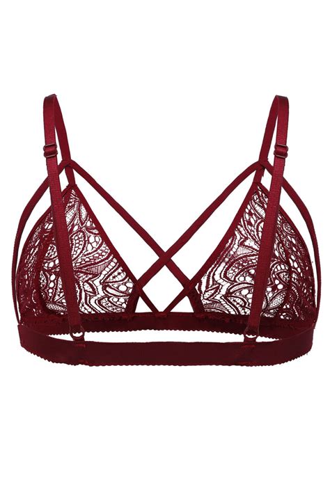 red bralette top wine lace criss cross bra strappy lingerie intimate