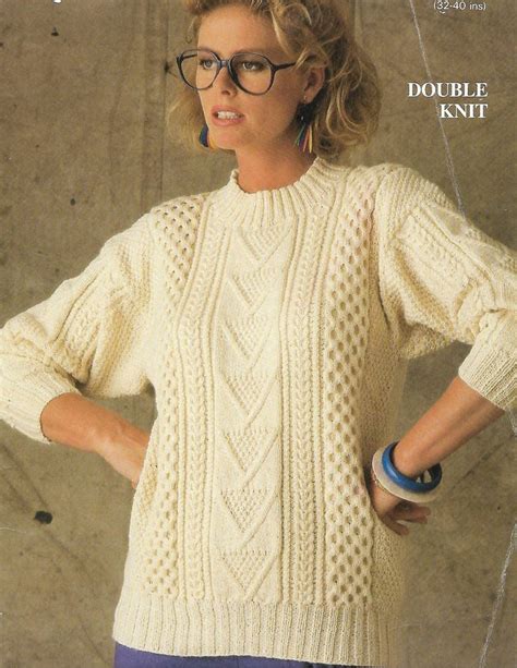 womens aran sweater knitting pattern pdf ladies cable jumper 32 40 dk