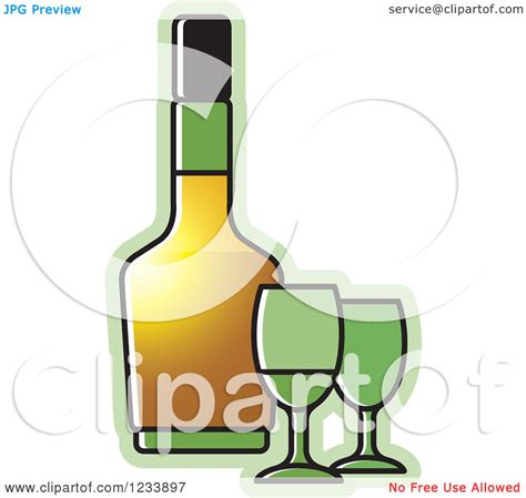 Clipart Of A Bottle And Green Wine Glasses Royalty Free