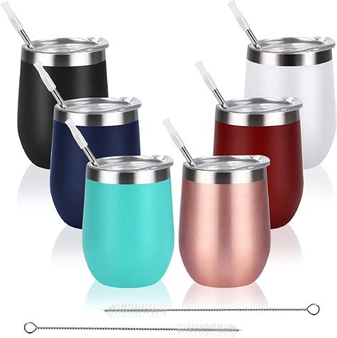 6 pack stainless steel wine tumbler with lid and straw 12 oz double