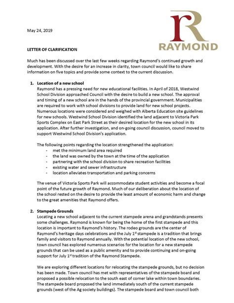letter  clarification town  raymond