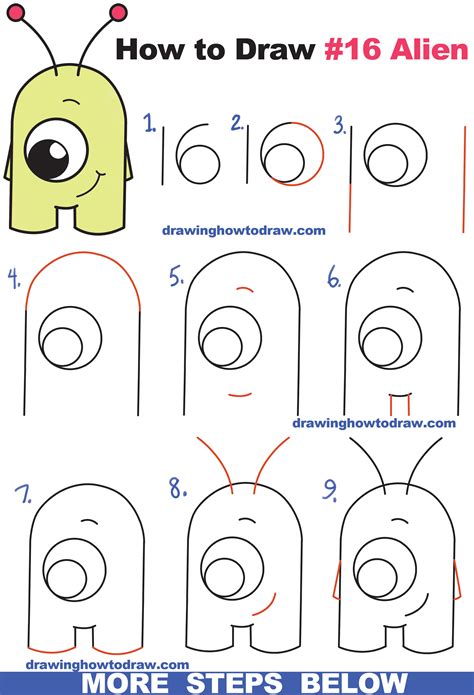 draw cute cartoon alien  numbers  easy step  step