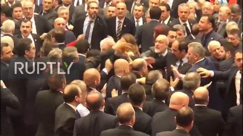 turkey fight fists fly as lawmakers brawl inside turkish parliament