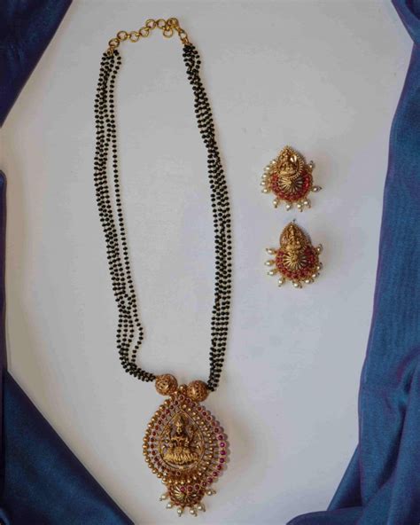 black bead lakshmi pendant long necklace south india jewels