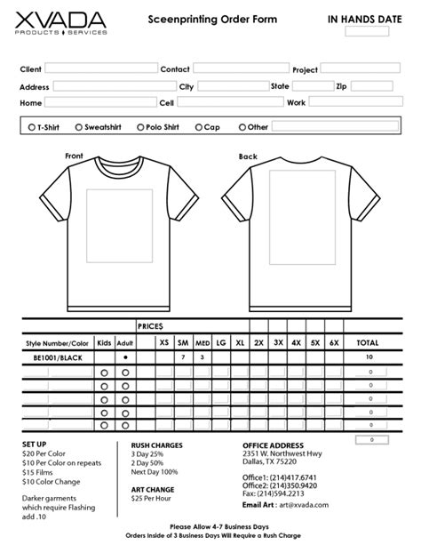 printable  shirt order forms templates