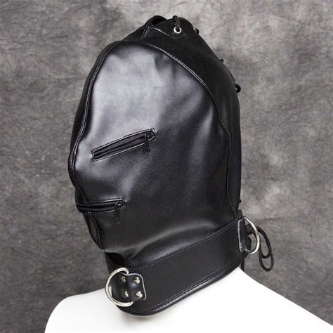 kinky soft pu leather full head bondage executioner hood mask with eyes