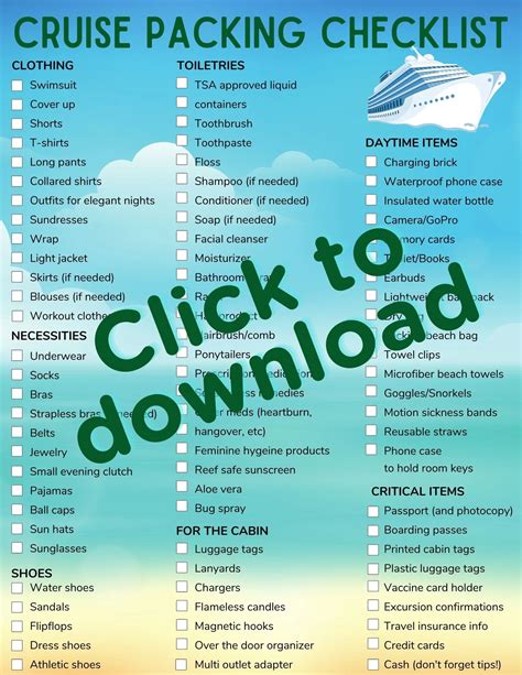 cruise packing list  printable updated