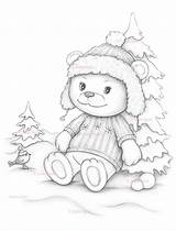 Coloring Bear Stamps Etsy Digi Snow Winter Digital Pages Stamp Cute Sold sketch template