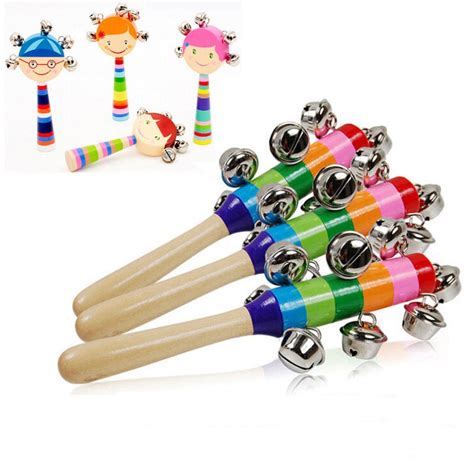 colorful wooden bell stick jingle bells hand shake baby hand bell kids children educational