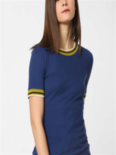 buy only women navy blue solid round neck t shirt tshirts for women