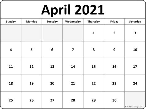 Calendar Page April 2021 2021 Calendar