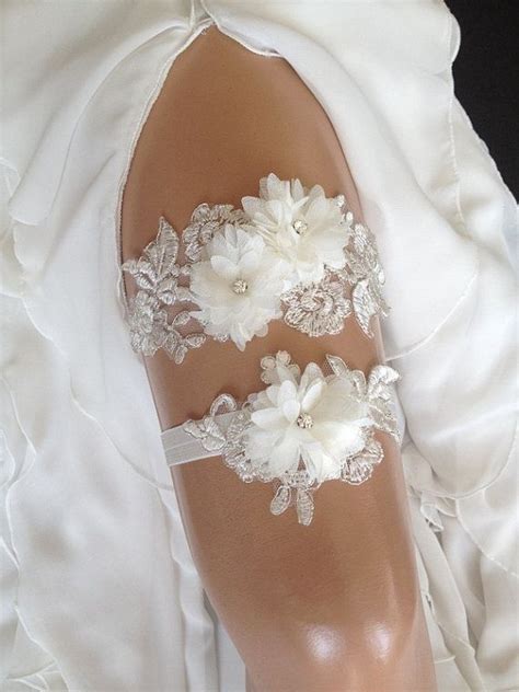 wedding garter set ivory lace bridal garter set rhinestone chiffon