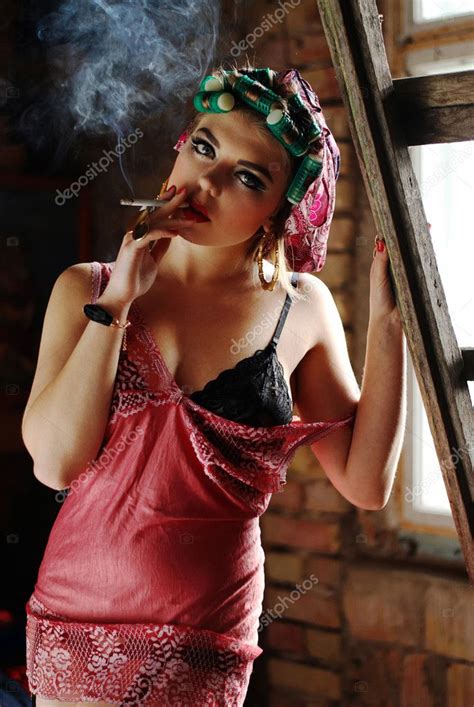 1930 Pin Up Girl Smoking Pin Up Girl On The Attic In Lingerie With