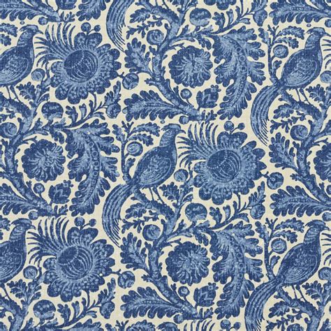 french blue large foliage bird flower motif upholstery fabric