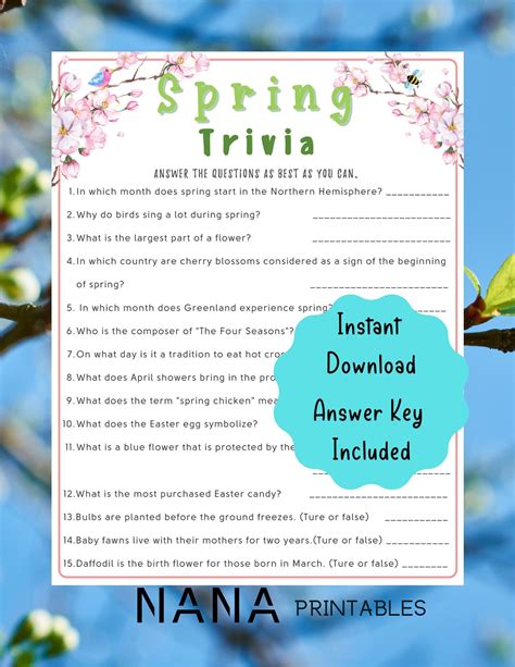 spring trivia printable game fun spring fact trivia party etsy