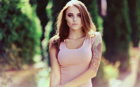 women model brunette long hair women outdoors depth of field blue eyes tattoo tank top