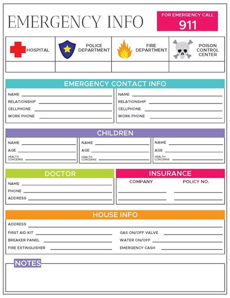 emergency information sheet emergency contact information