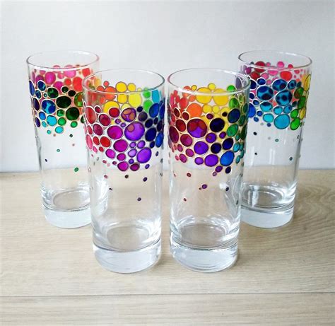 Rainbow Drinking Glasses Set Of 4 Hand Painted Colored Etsy Glass