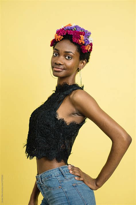 Sensual Skinny Black Model In Flowers By Stocksy Contributor Javier