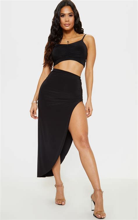 black ruched front slinky crop cami tops prettylittlething aus