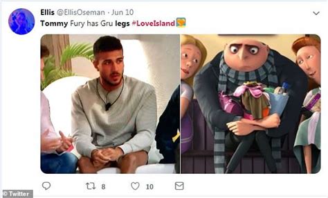 love island s tommy is subject to hilarious memes as warped camera angle makes his legs appear