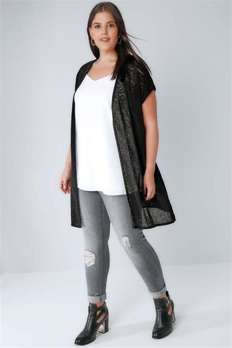 black textured cardigan with grown on short sleeves plus
