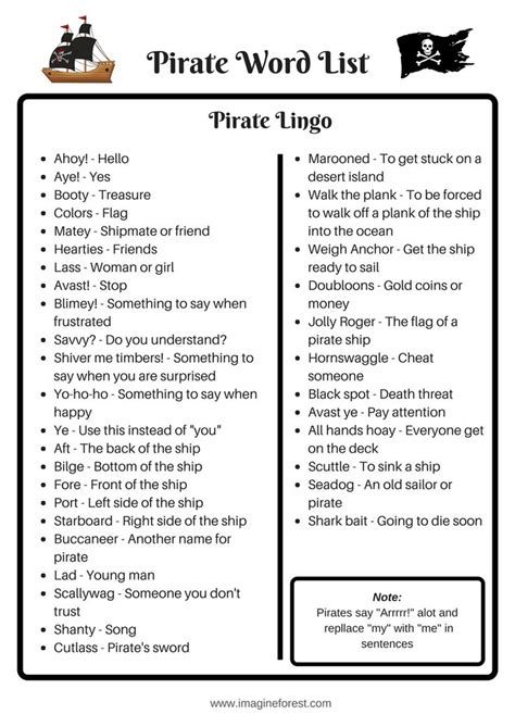 pirate word list  lingo  kids imagine forest writing prompts  kids writing
