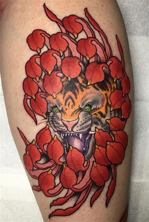 Tattoo Uploaded By Vintage Inx • Tiger Hiding In A Chrysanthemum