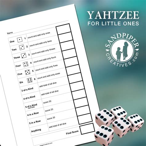 yahtzee score card  kids  printable