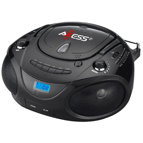 axess black portable boombox mpcd player  text displaywith amfm