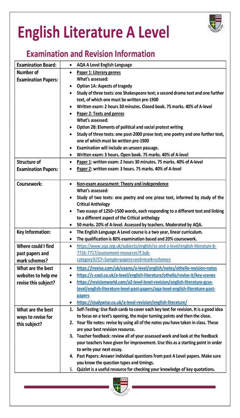 english literature  level revision sheet st robert  newminster