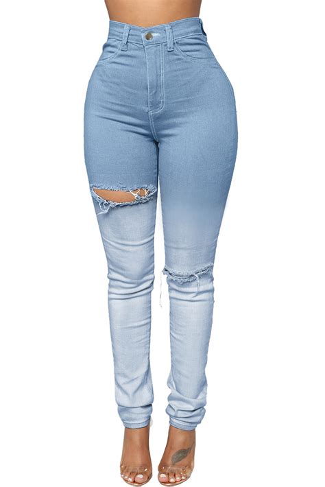 light blue ombre bleach wash ripped jeans