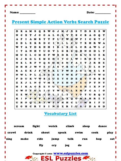 action verbs present simple tense word search