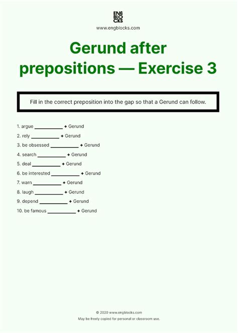 gerund  prepositions worksheet  prepositions preposition