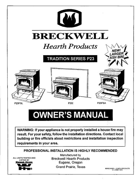 breckwell tradition pfsa pellet stove owners manual manualslib