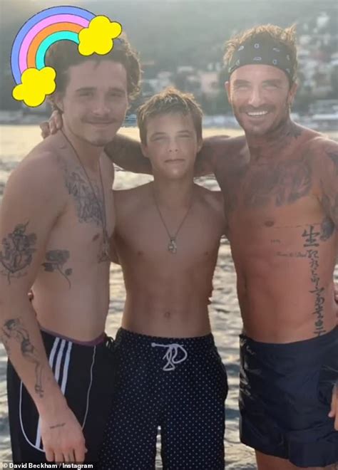david beckham goes shirtless as he joins brooklyn and cruz on the beach